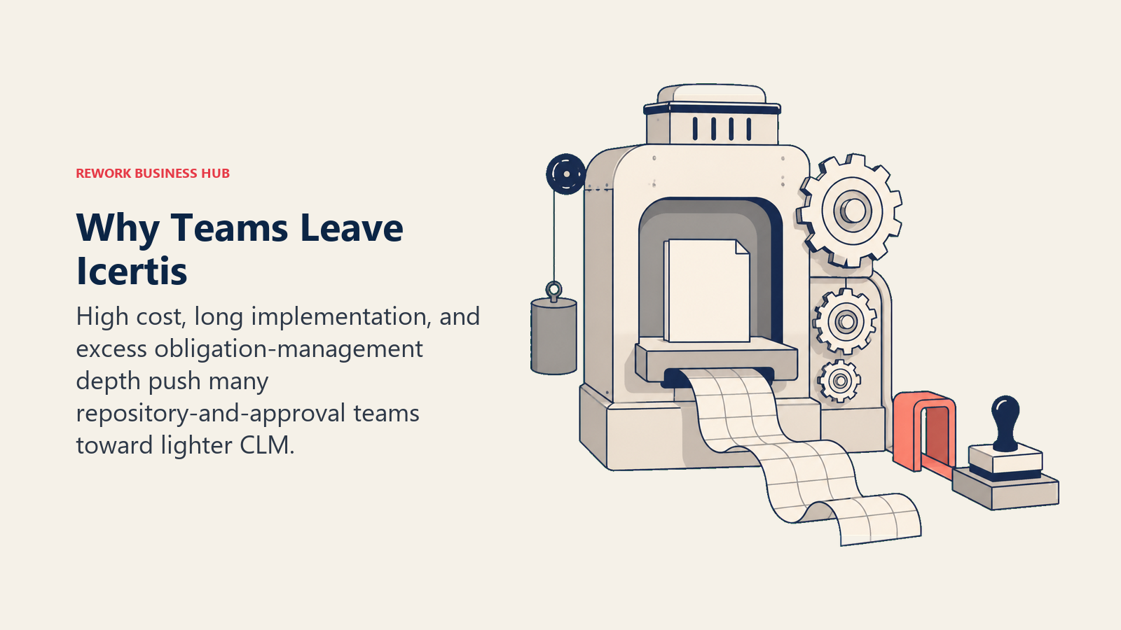 Why teams leave Icertis, shown as a small contract burdened by an oversized enterprise machine and long calendar ribbon