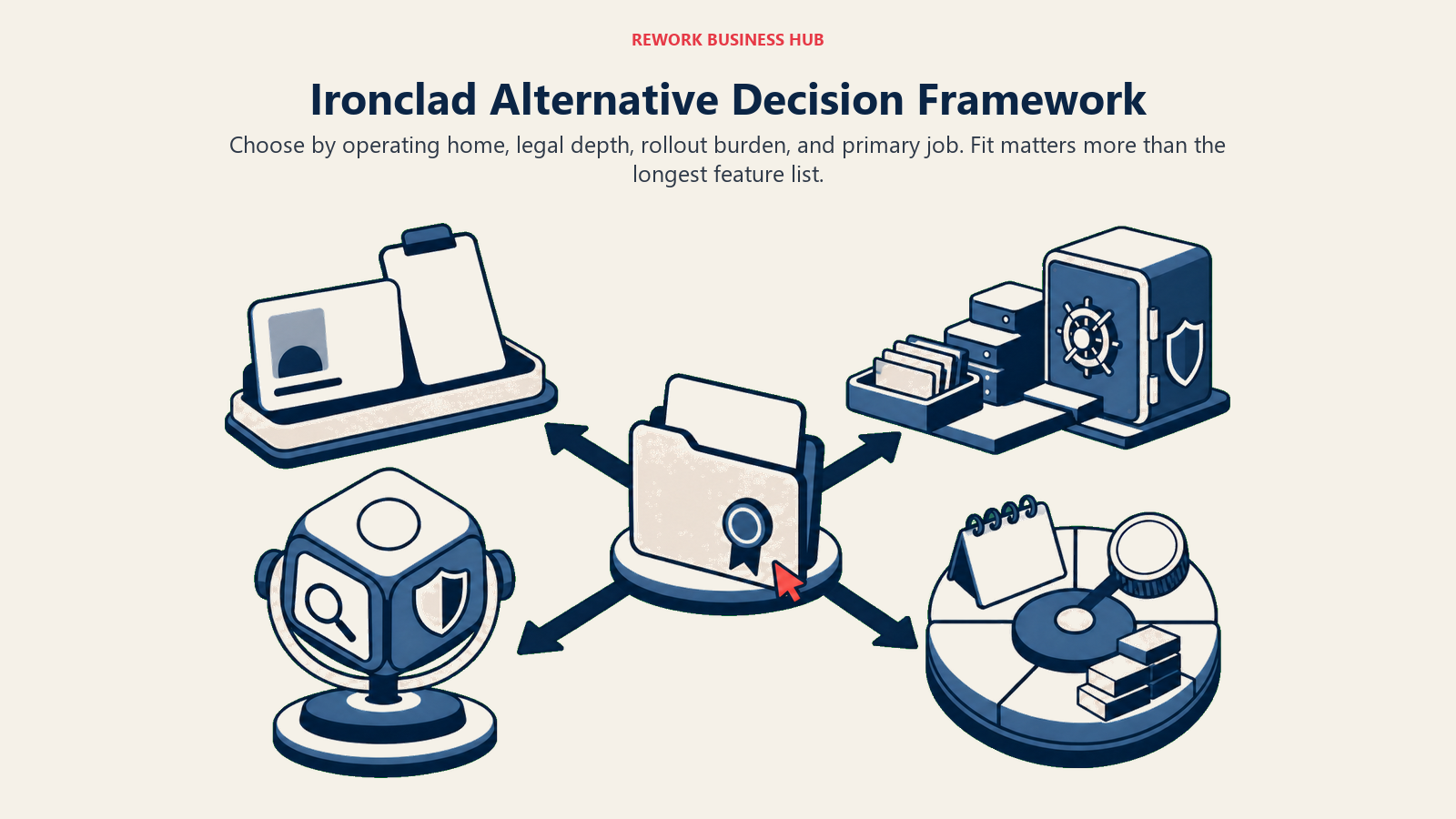 Ironclad alternative decision framework using operating home, legal depth, rollout burden, and contract management job