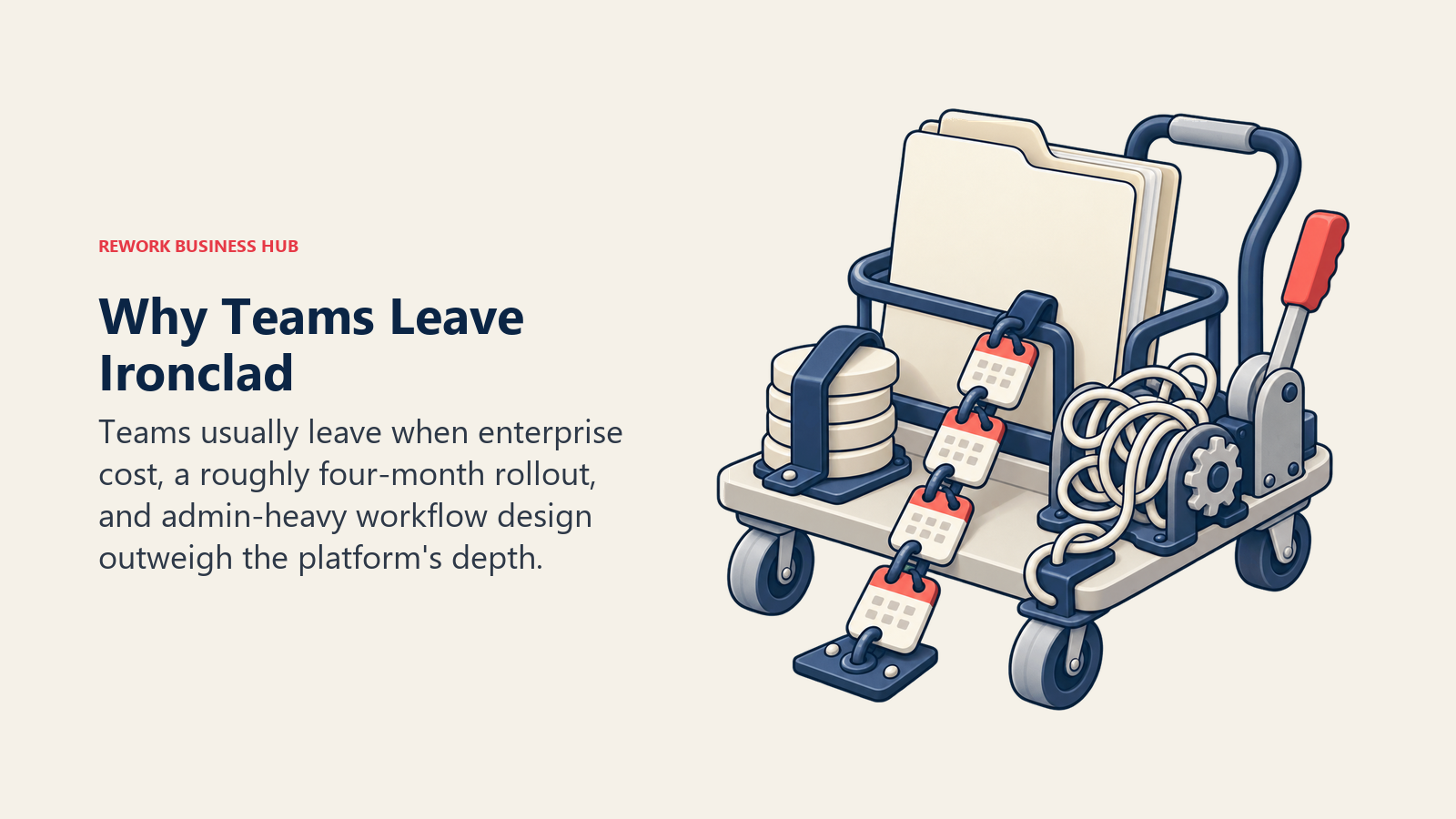 Why teams leave Ironclad shown as a contract cart stalled by cost, implementation time, and workflow complexity