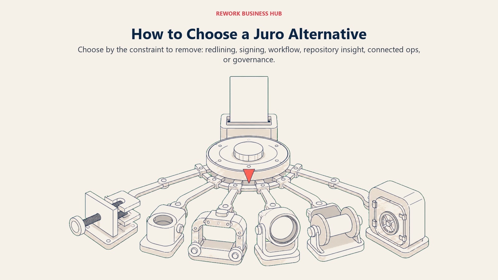 Contract dossier routed by a decision selector toward redlining, signing, workflow, analytics, operations, or governance
