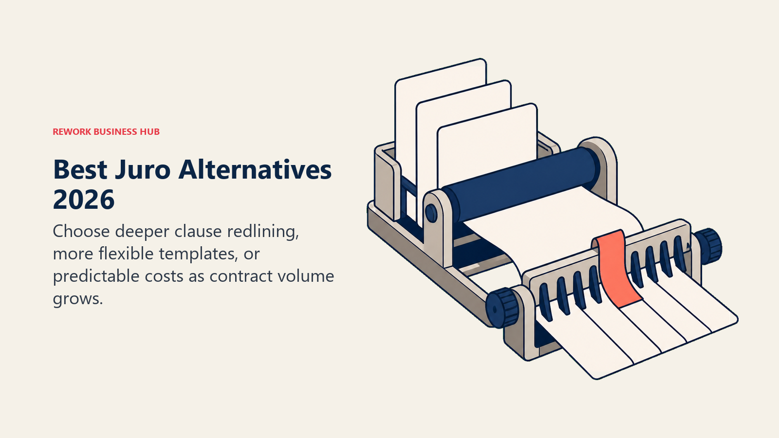 Best Juro alternatives shown as a fast contract ribbon entering a precision clause-editing workbench with a growing document queue