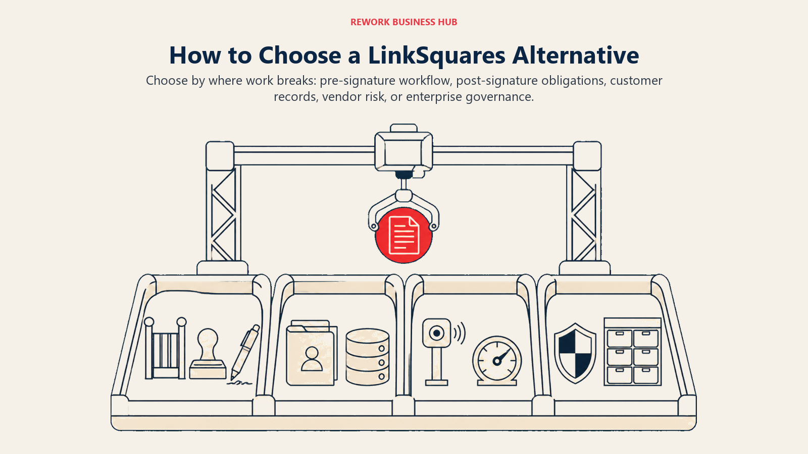 Decision framework for choosing a LinkSquares alternative by workflow, obligations, customer records, risk, and governance
