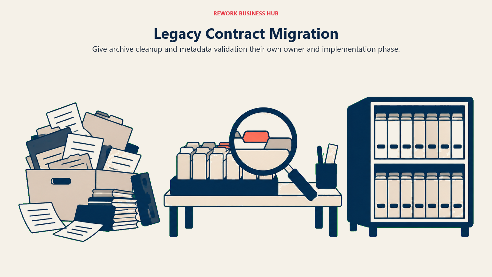 Legacy Contract Migration: a wide transformation scene: uneven archived folders entering a sorting workbench, one large magnifying lens checks structured tabs, tidy indexed folders emerge into a searchable cabinet