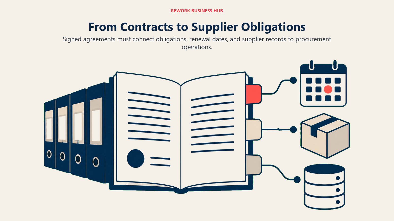 From Contracts to Supplier Obligations: wide contract archive with a large open agreement at center, three physical tabs extend toward a renewal calendar, supplier parcel, and enterprise ledger