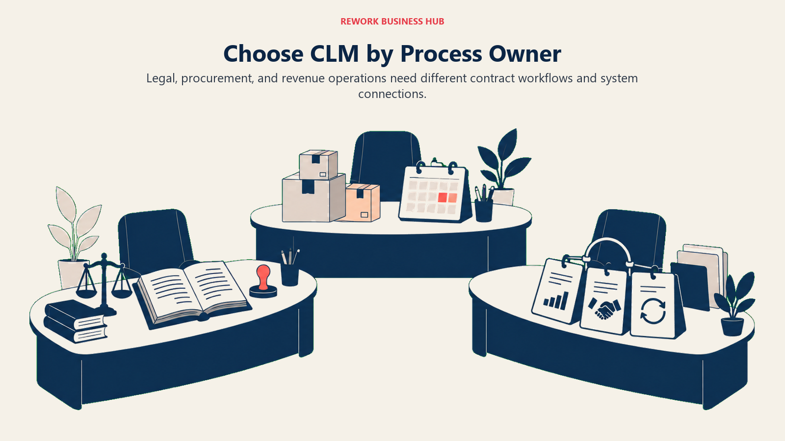 Choose CLM by Process Owner: three workspaces arranged in a broad semicircle: legal desk with clause book and approval stamp; procurement desk with supplier parcels and obligation calendar; revenue desk with quote, agreement and renewal folders connected by one shared binder ring