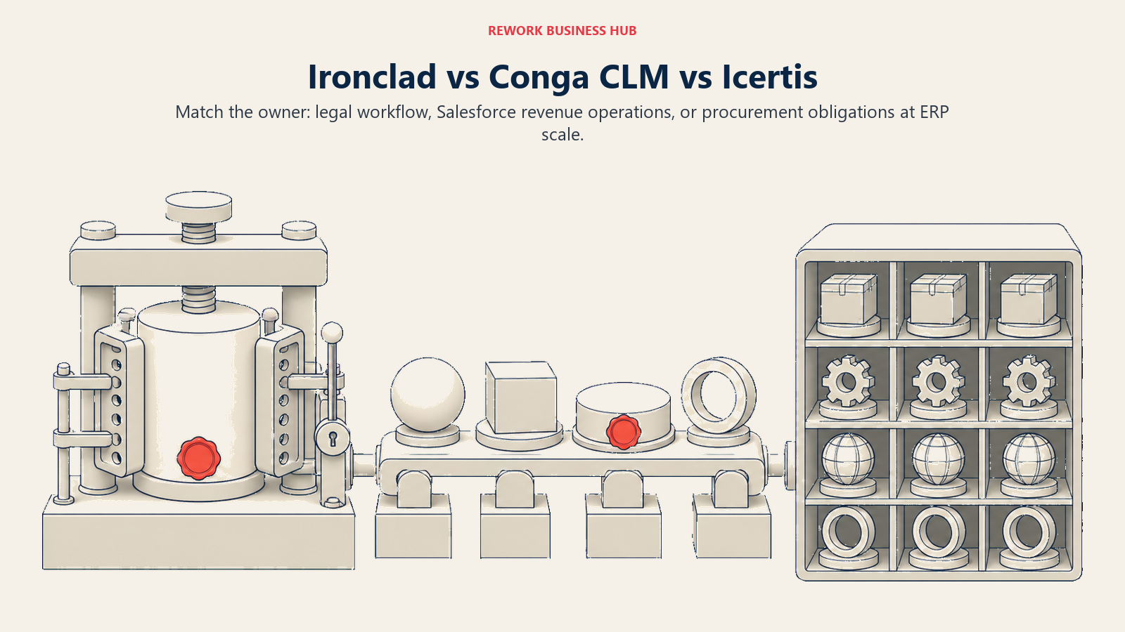 Ironclad, Conga CLM, and Icertis shown as legal workflow, revenue contract, and procurement obligation workstations