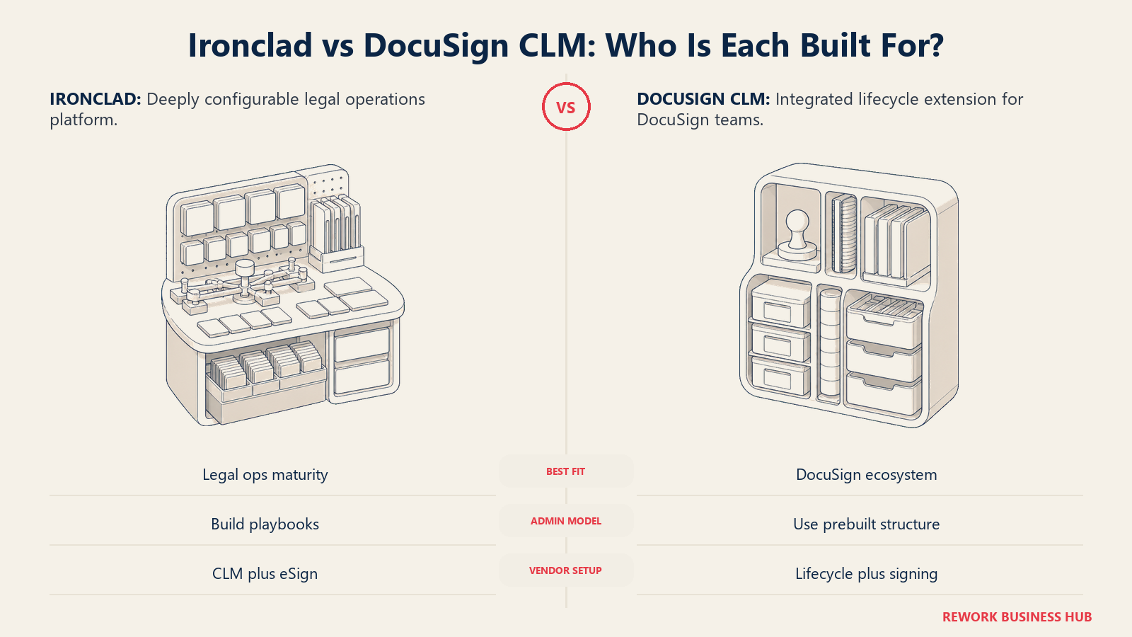 Ironclad's configurable legal operations workshop compared with DocuSign CLM's integrated agreement cabinet for buyer fit