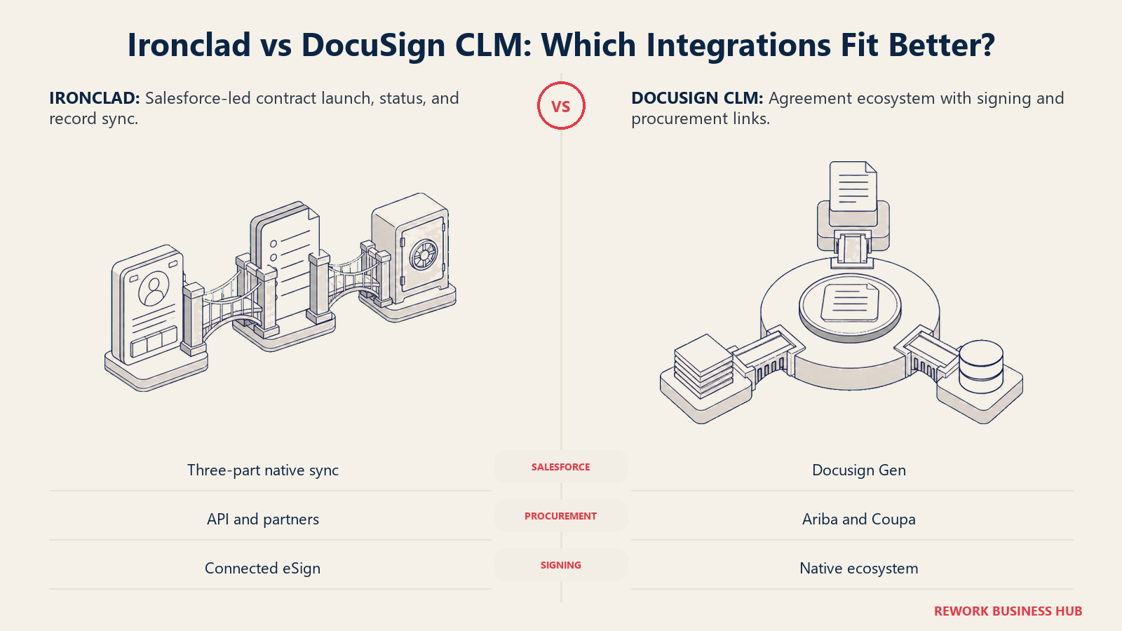 Ironclad's three-part Salesforce contract bridge compared with DocuSign CLM's broader agreement connector dock