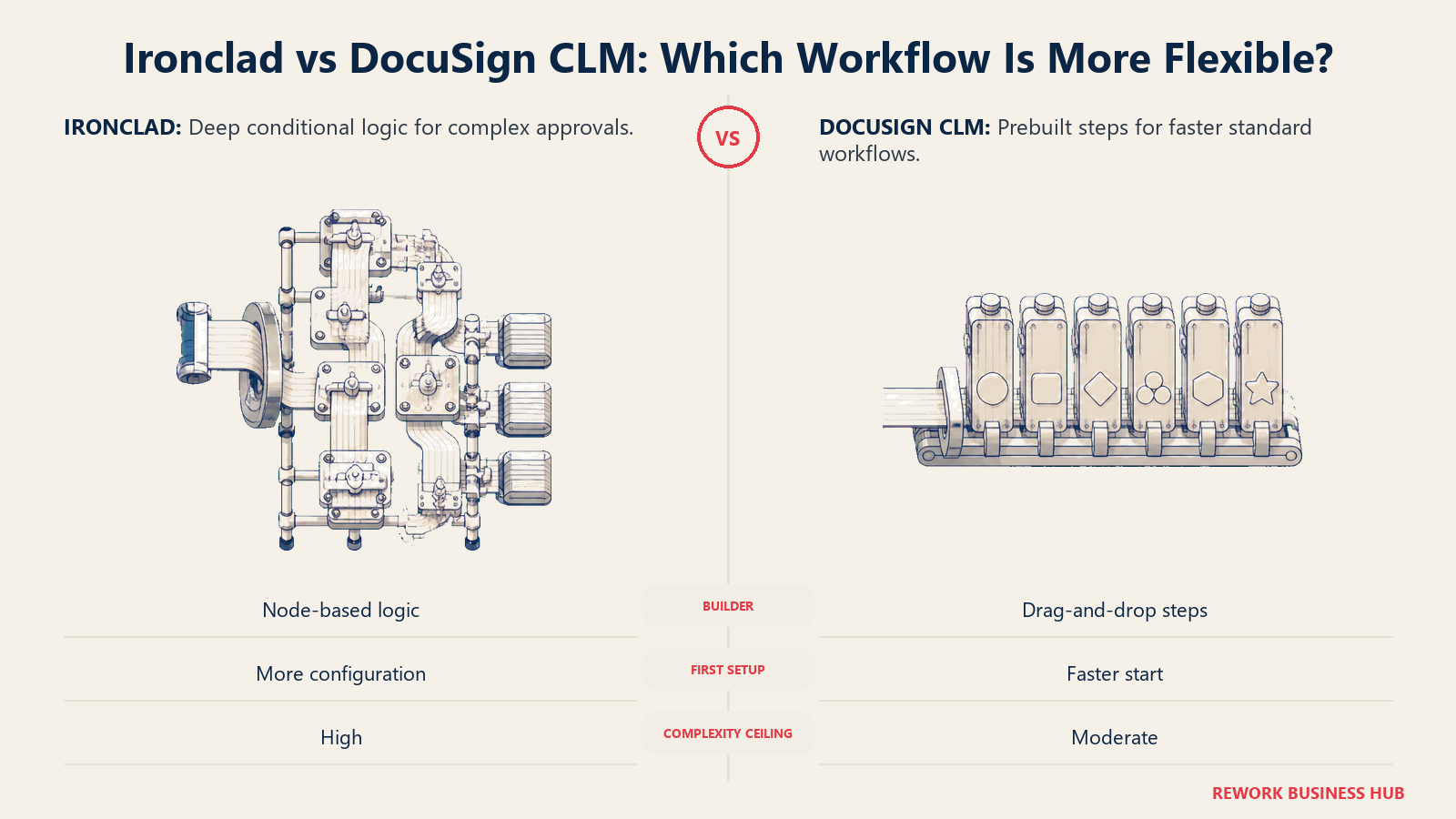 Ironclad's deep conditional approval loom compared with DocuSign CLM's preconfigured workflow step deck
