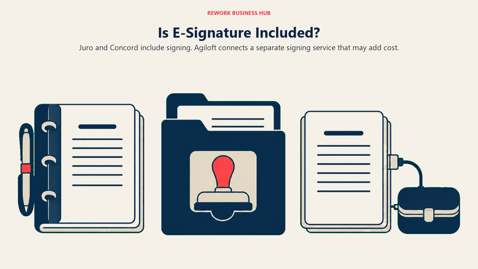 Is E-Signature Included?: three side-by-side document bundles: left agreement with signing pen nested into its binding; center contract folder holding a reusable signing stamp; right agreement and a separate external signing case connected by a short plug cable