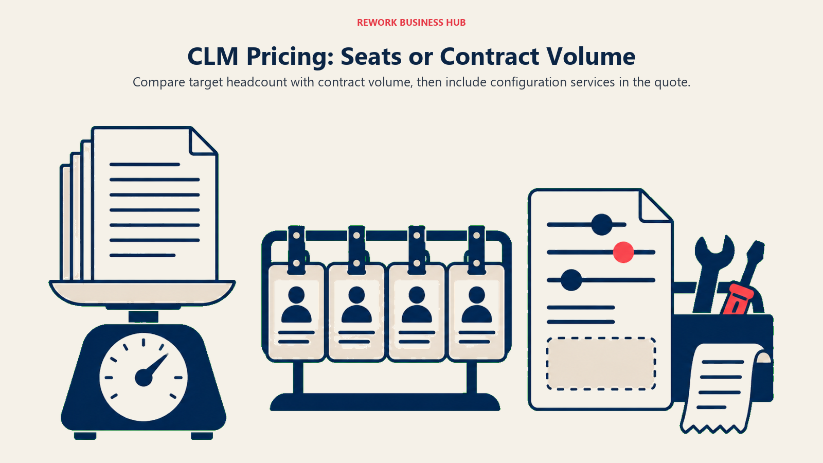 CLM Pricing: Seats or Contract Volume: three broad cost metaphors: a stack of contract pages on a volume scale; a group of staff key badges on a seat-count rack; a configurable agreement model beside an admin toolkit and a small services receipt