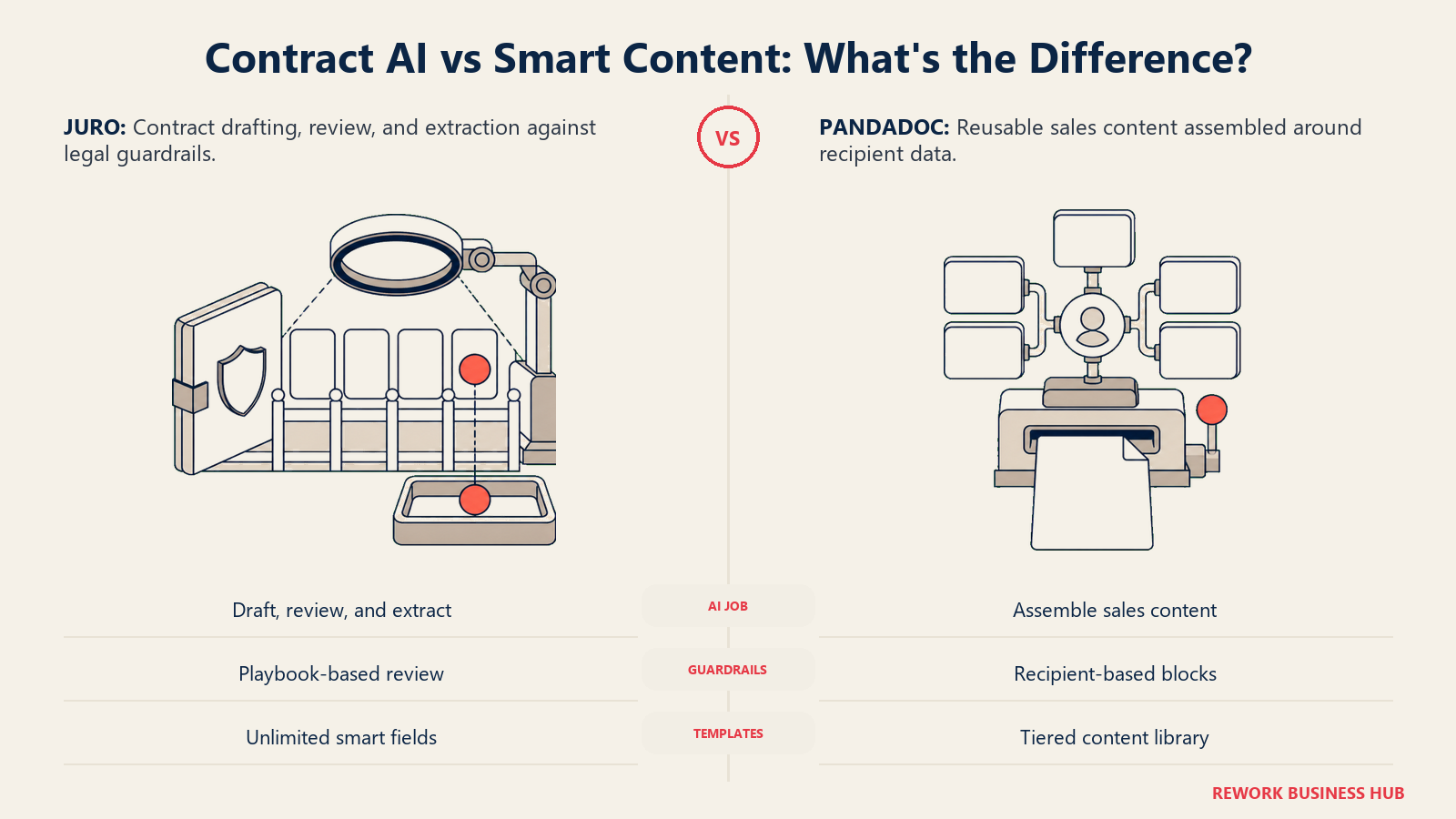Juro and PandaDoc AI comparison showing clause guardrails and extraction beside modular smart sales content