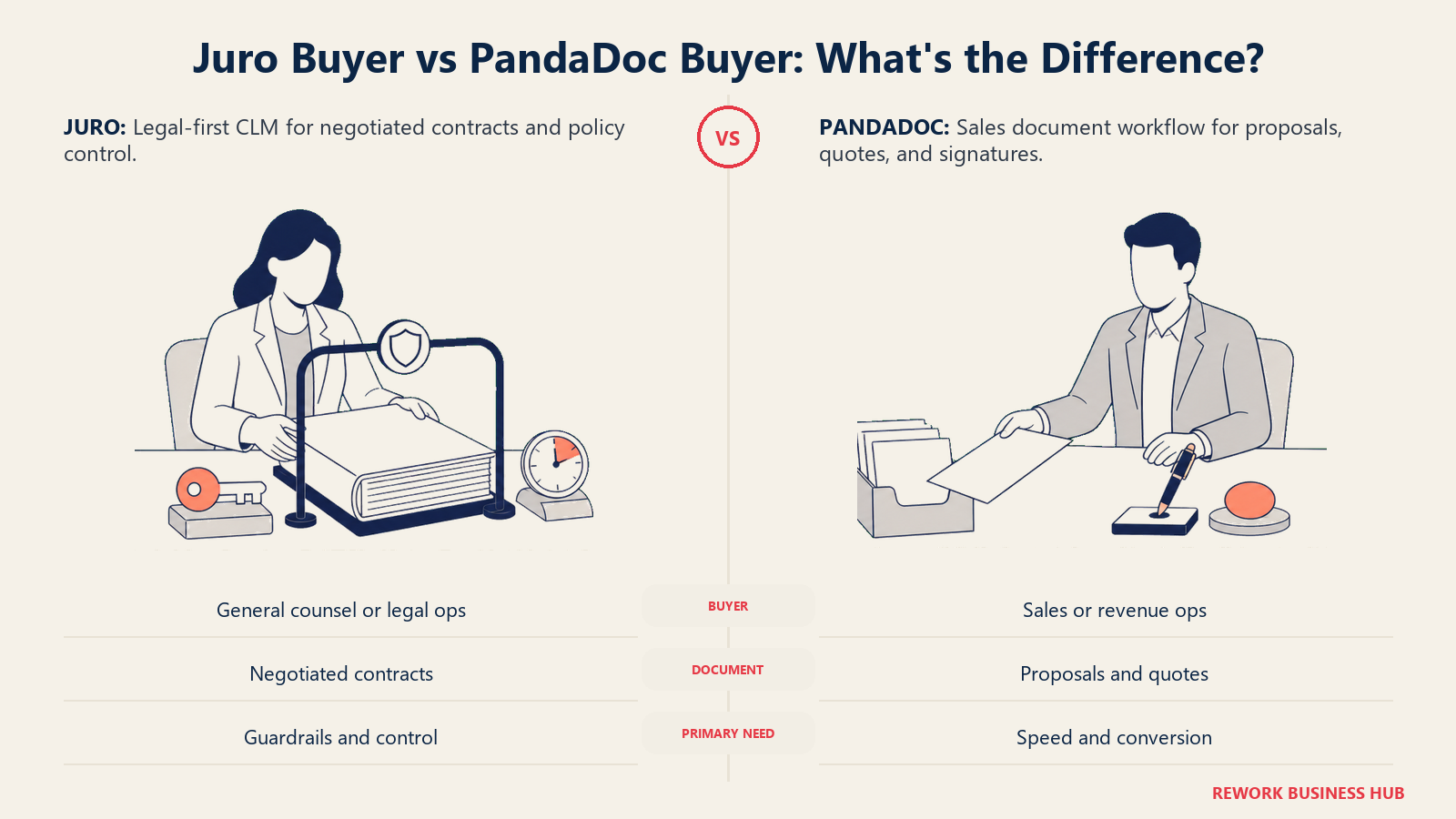 Juro and PandaDoc buyer fit comparison showing legal operations work beside a sales proposal workflow