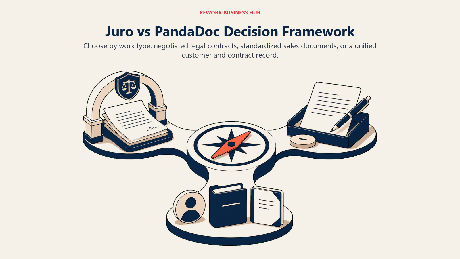 Juro versus PandaDoc decision framework showing paths for legal contracts, sales documents, and unified customer records