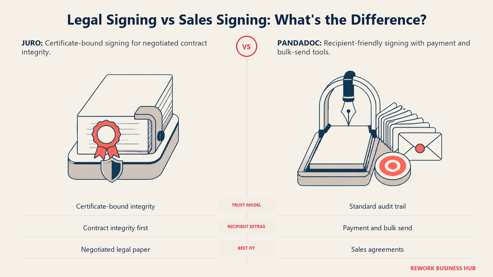 Juro and PandaDoc e-signature comparison showing certificate-backed contract integrity and payment-enabled sales signing