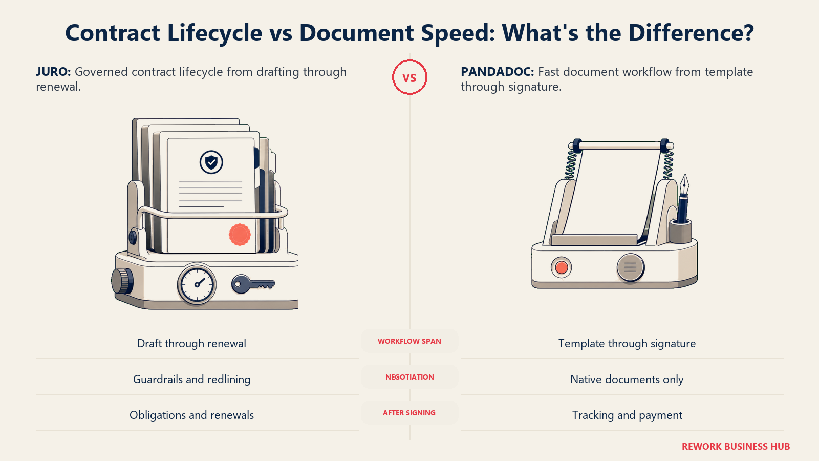 Juro versus PandaDoc contract workflow comparison showing lifecycle depth and faster sales document delivery