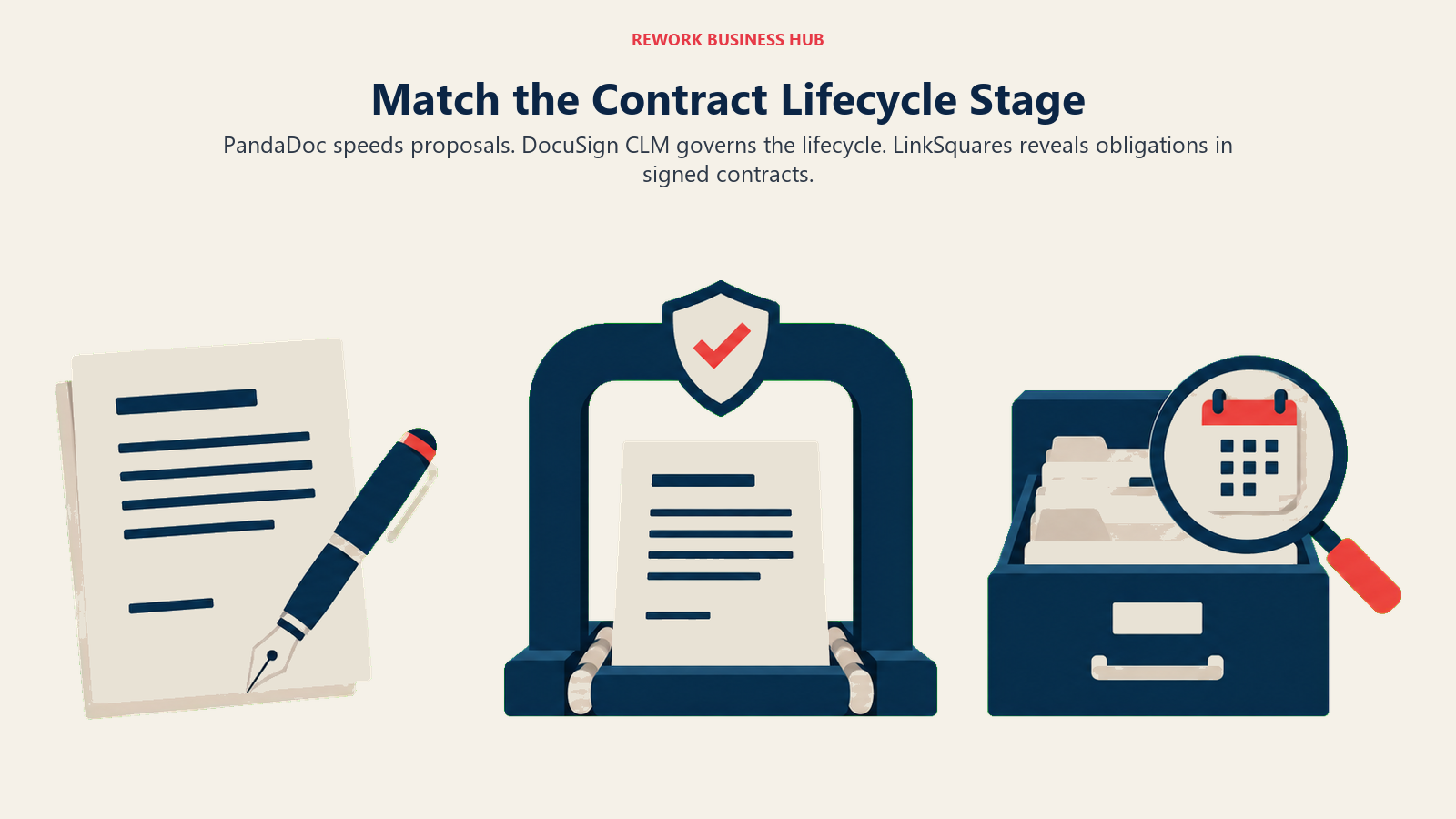 Match the Contract Lifecycle Stage: PandaDoc speeds proposals. DocuSign CLM governs the lifecycle. LinkSquares reveals obligations in signed contracts.