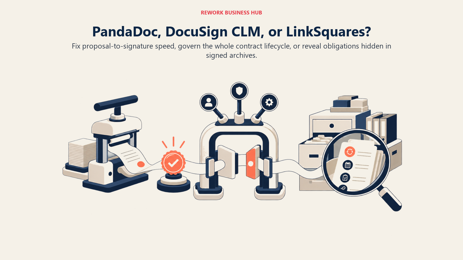 PandaDoc, DocuSign CLM, and LinkSquares mapped to proposal, lifecycle approval, and signed-contract intelligence stages