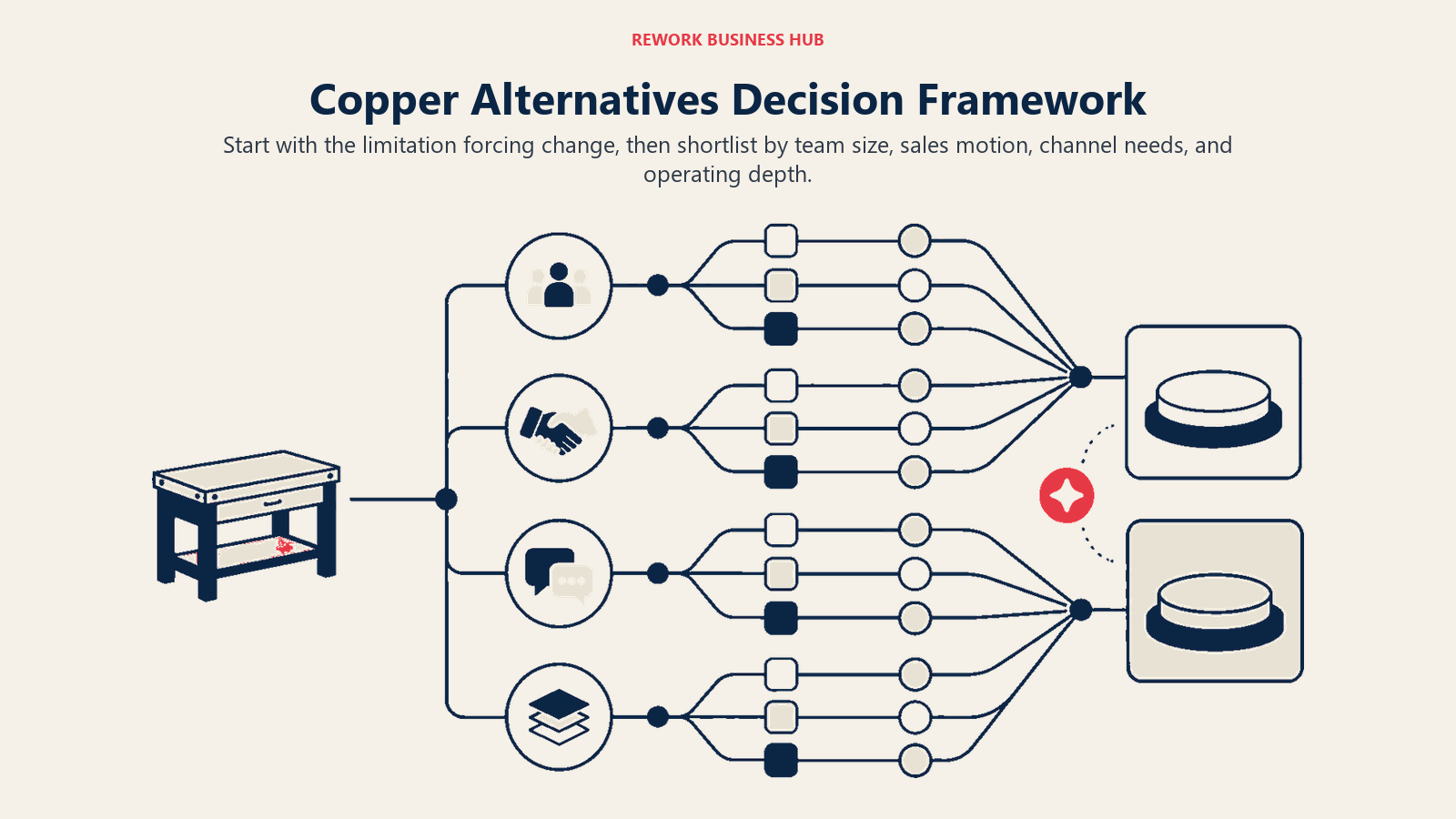 Copper alternatives decision framework using team size, sales motion, channels, and operating depth