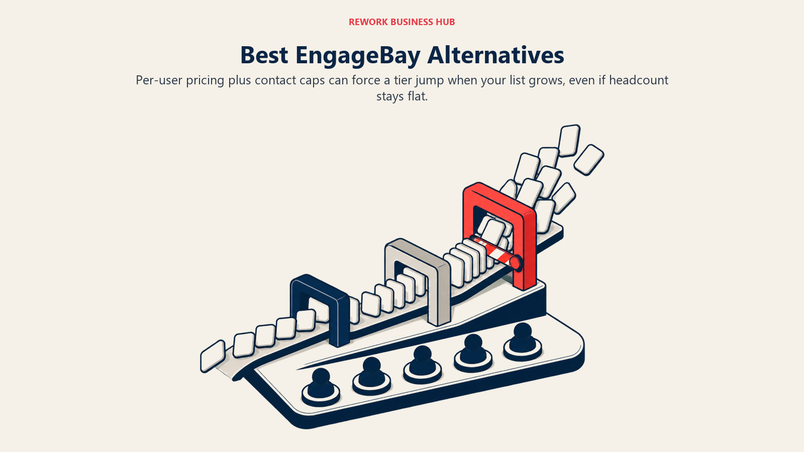 Best EngageBay alternatives shown as a fixed team beneath a contact stream that hits stepped pricing caps
