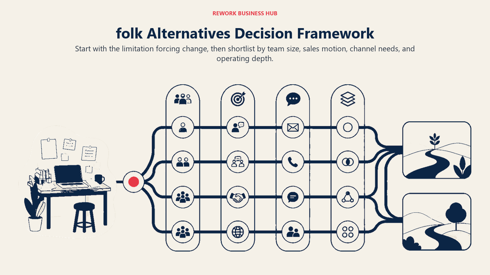 folk alternatives decision framework using team size, sales motion, channels, and operating depth
