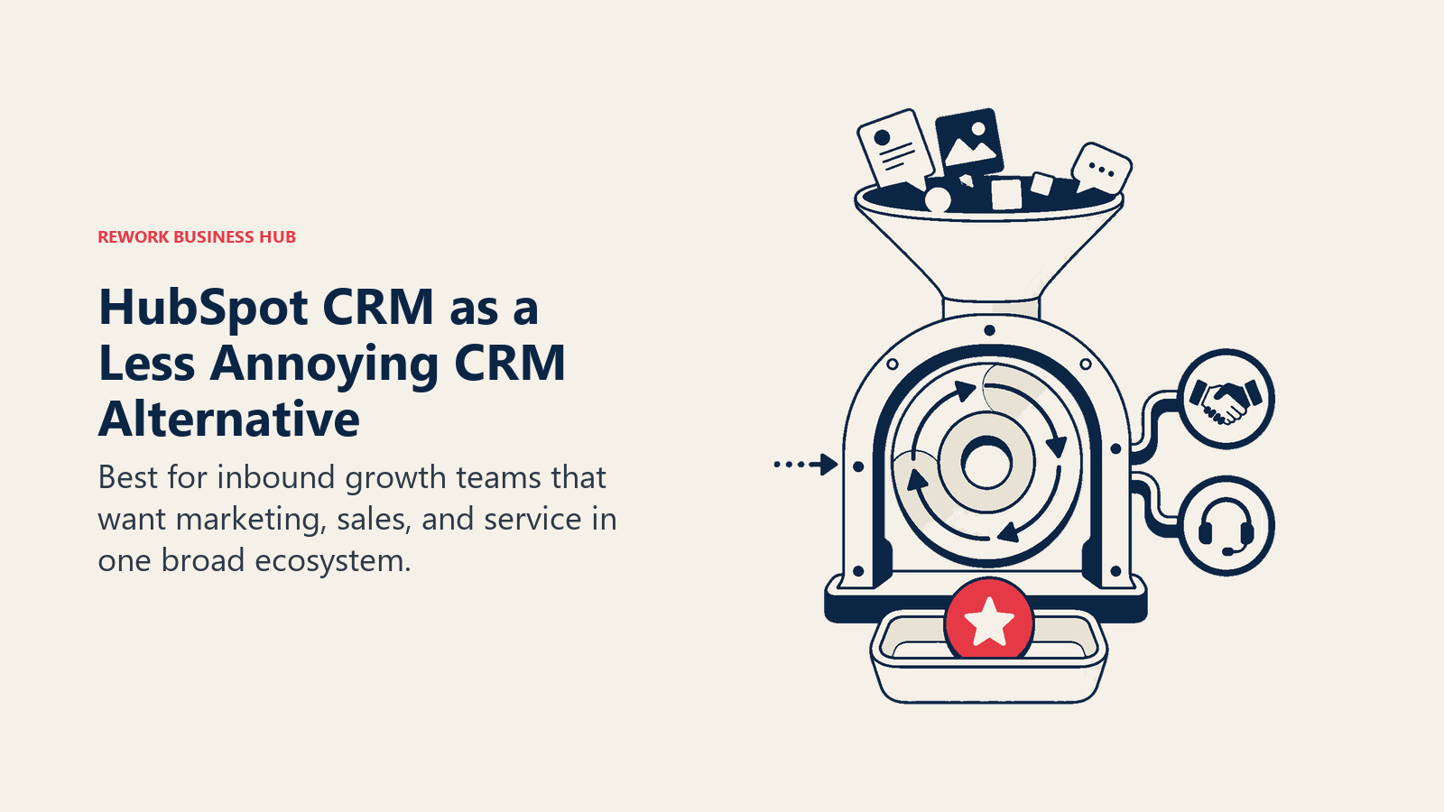 HubSpot CRM as a Less Annoying CRM alternative illustrated by marketing, sales, and service suite