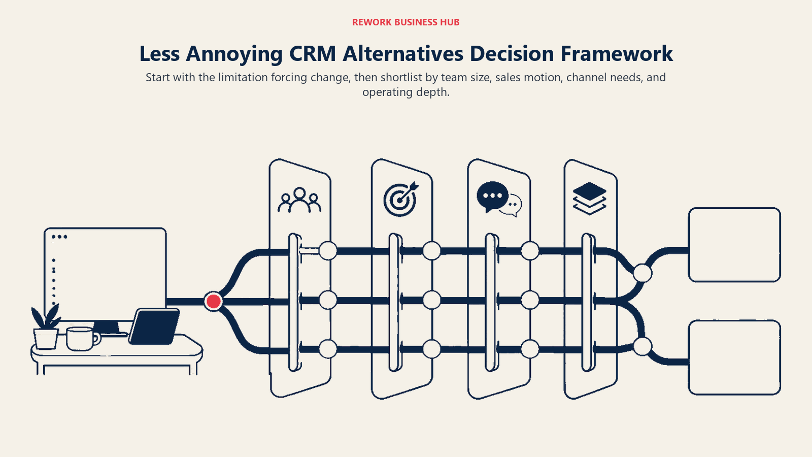 Less Annoying CRM alternatives decision framework using team size, sales motion, channels, and operating depth