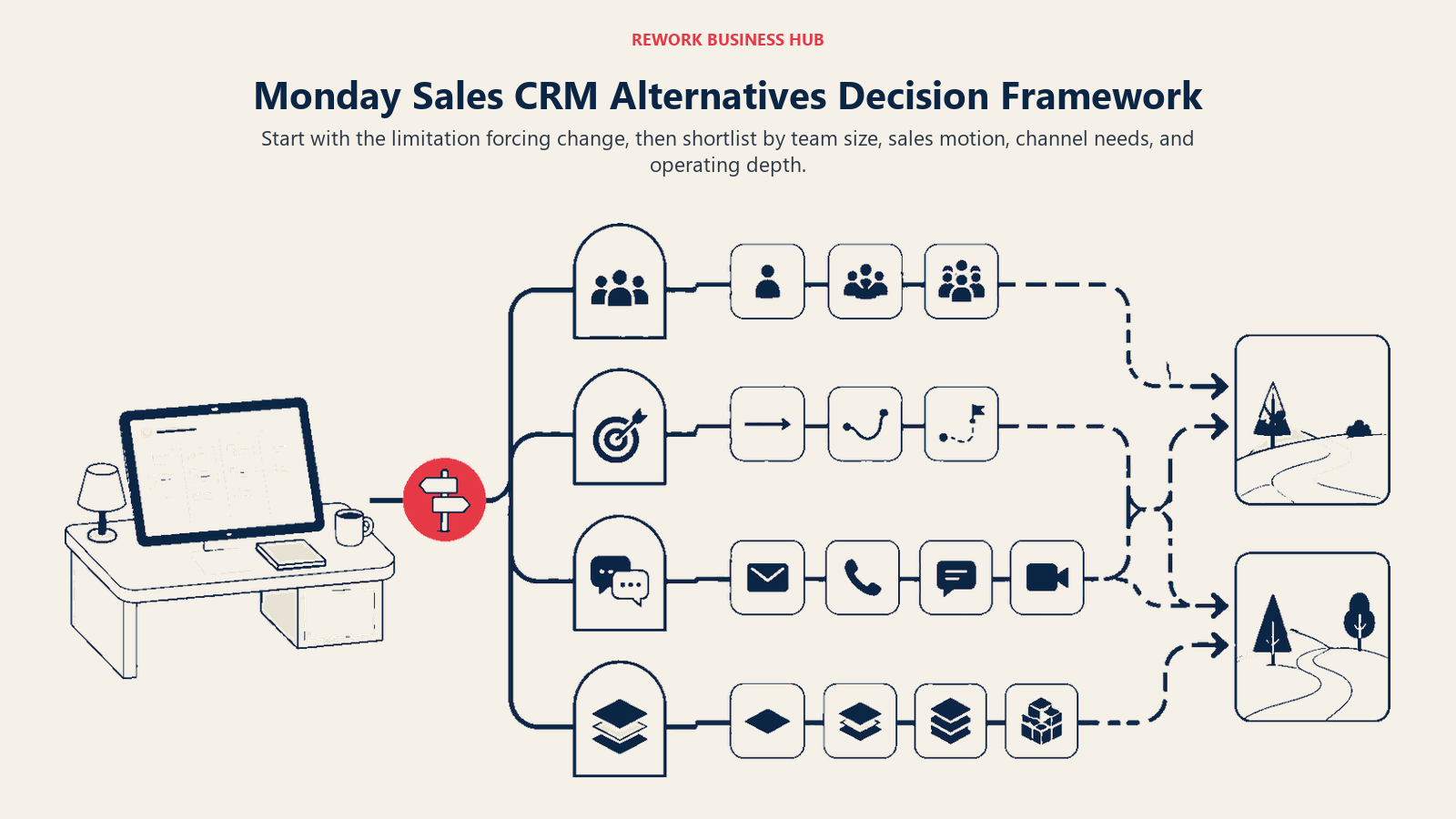 Monday Sales CRM alternatives decision framework using team size, sales motion, channels, and operating depth