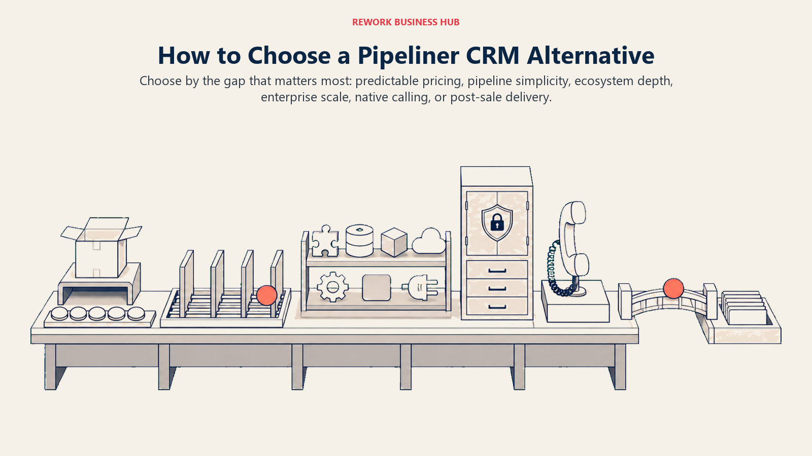 Pipeliner CRM alternative decision workshop matching pricing, pipeline simplicity, ecosystem, enterprise scale, calling, delivery, and flat-plan needs