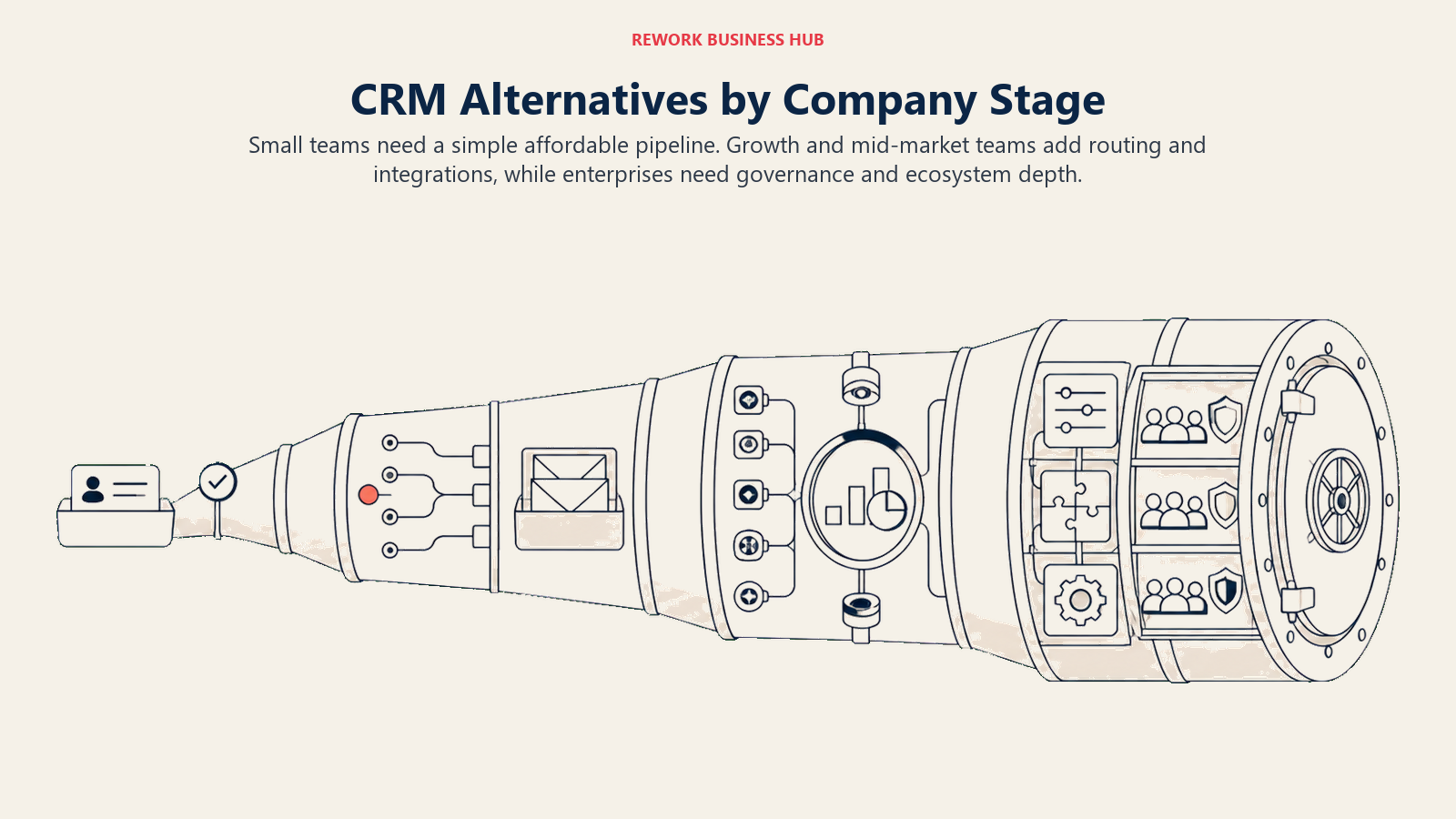CRM operating environments expanding from a very small simple pipeline through growth routing, mid-market systems, and enterprise governance