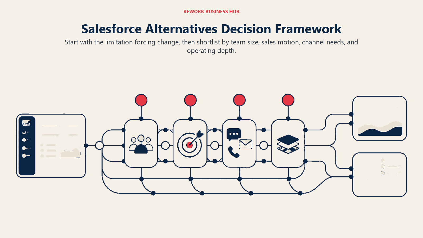 Salesforce alternatives decision framework using team size, sales motion, channels, and operating depth