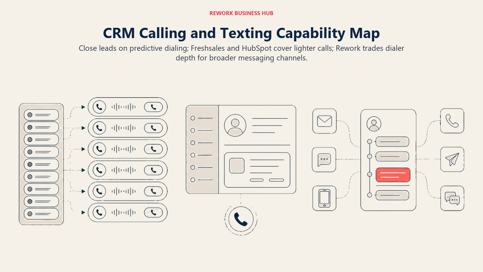 CRM communication map separating predictive dialer depth light built-in calling and broad multichannel inbox coverage