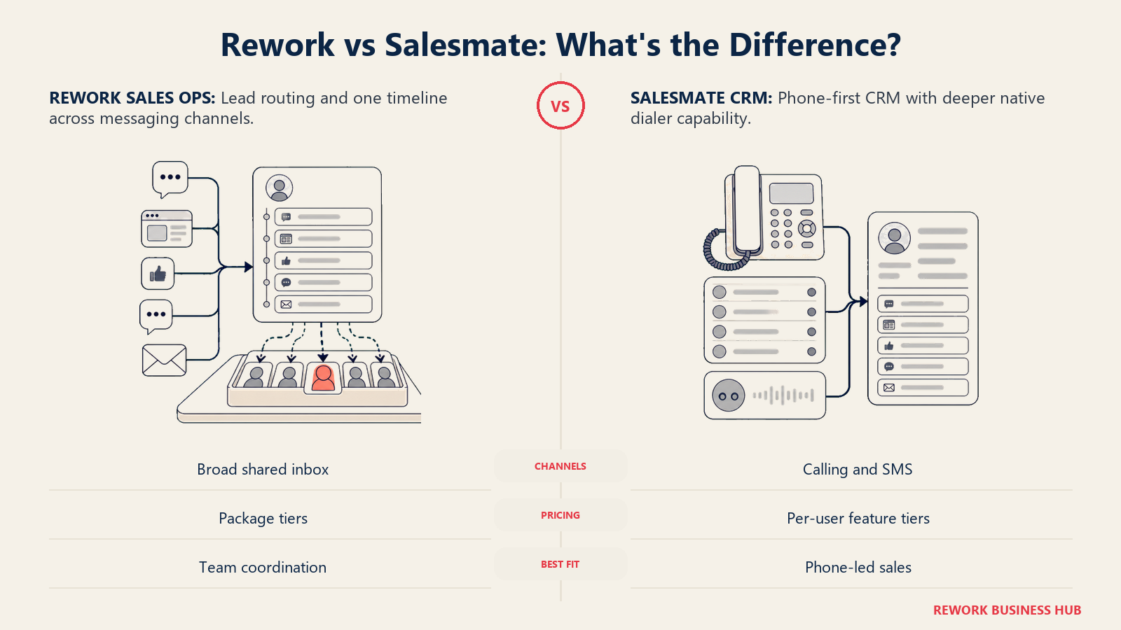 Rework Sales Ops multichannel lead coordination compared with Salesmate phone-first CRM and deeper dialer capability