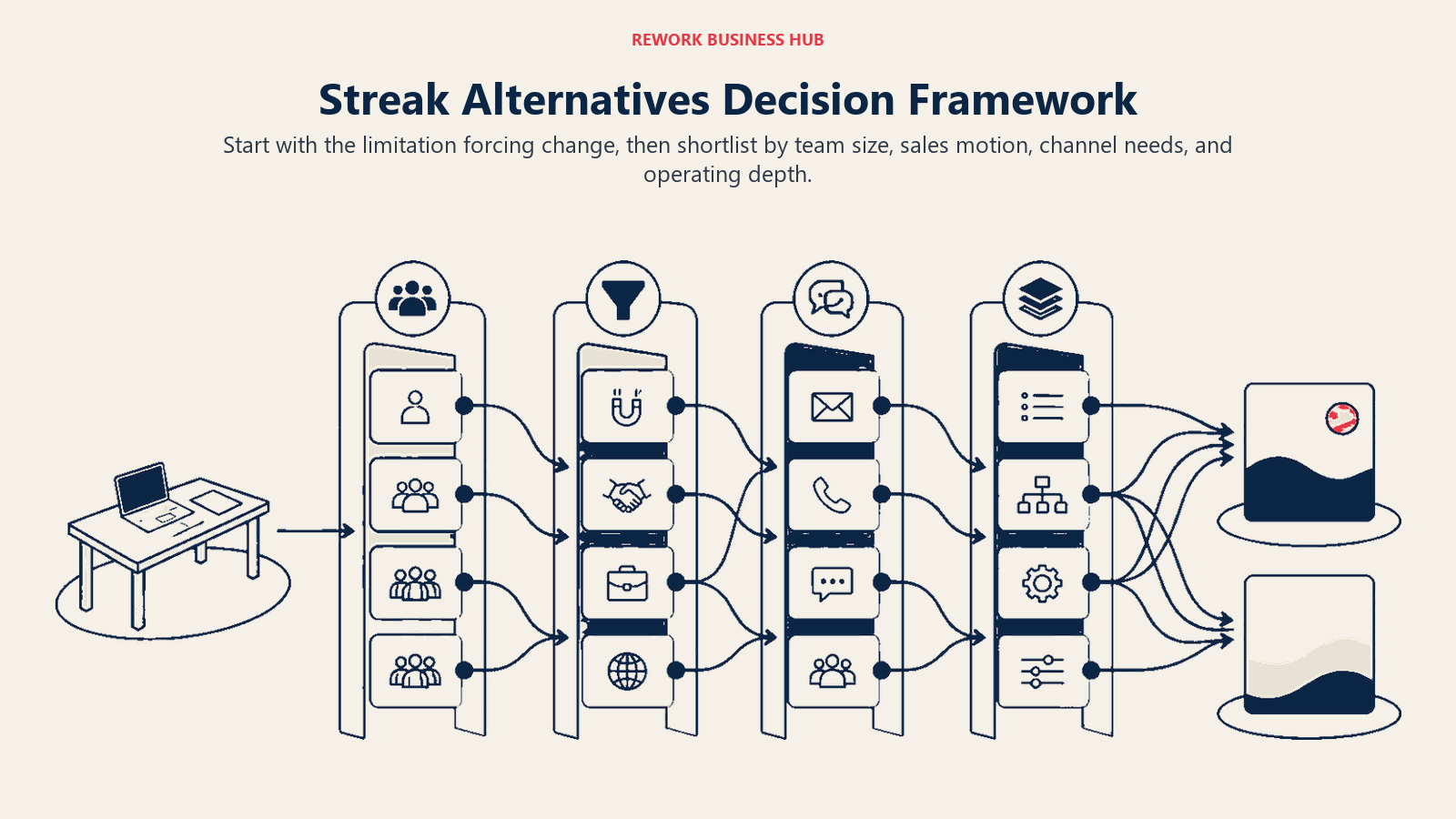 Streak alternatives decision framework using team size, sales motion, channels, and operating depth