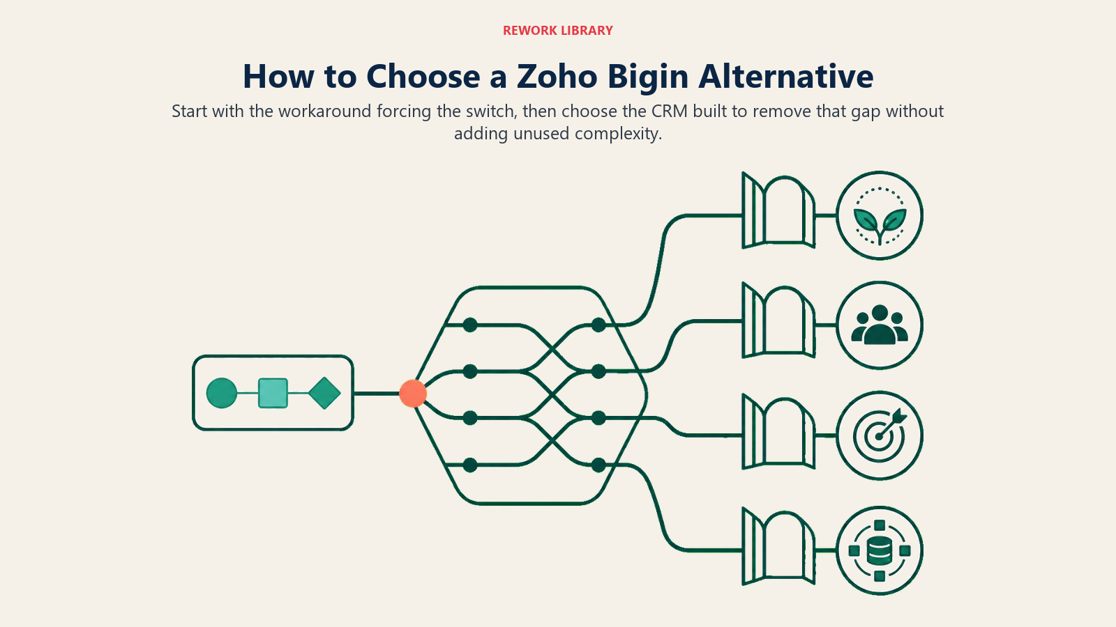 A switchyard branching one compact pipeline into several CRM paths