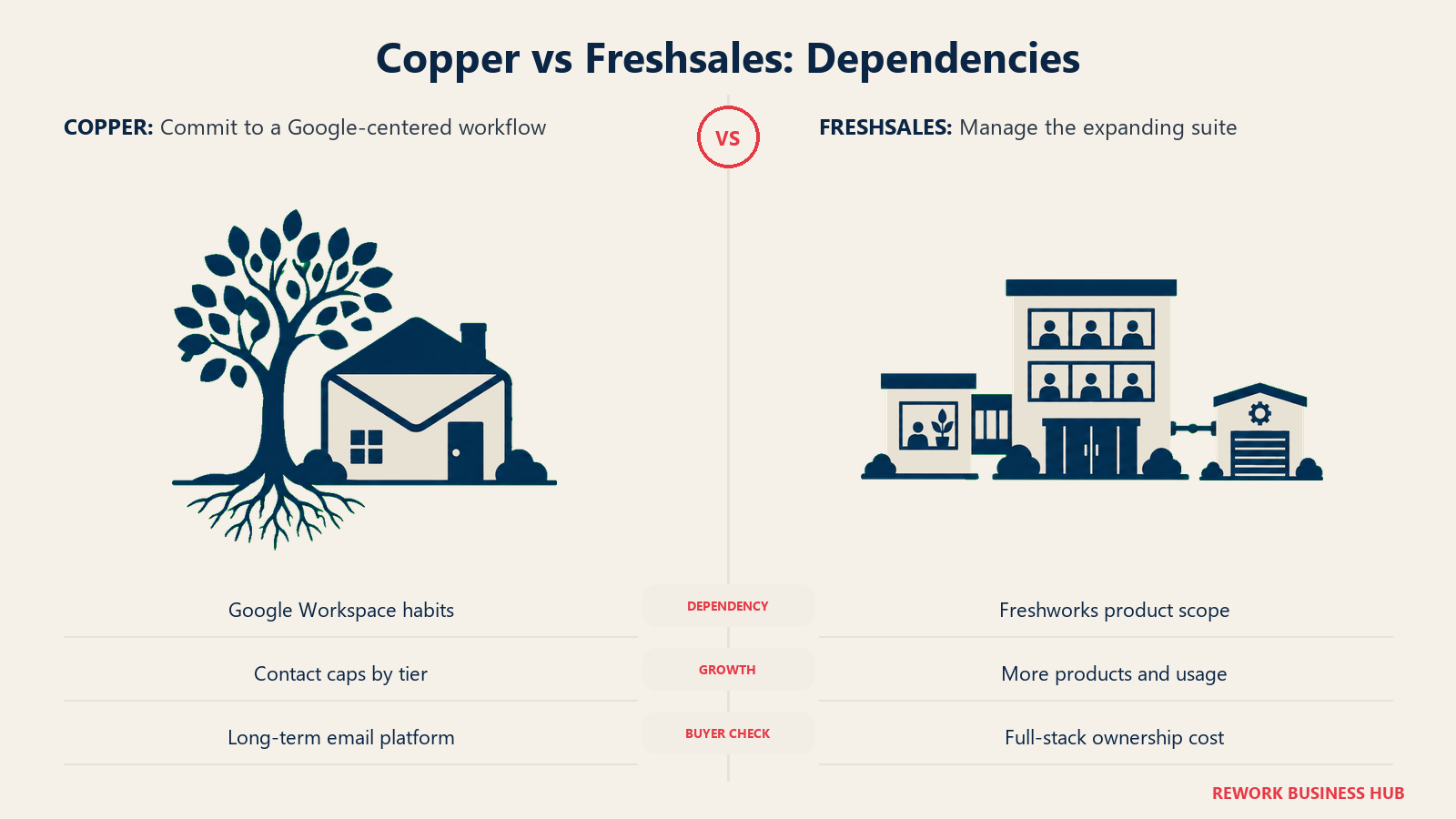 Copper vs Freshsales: Dependencies: Copper depends on Google-based working habits. Freshsales can expand into separately purchased ecosystem products.