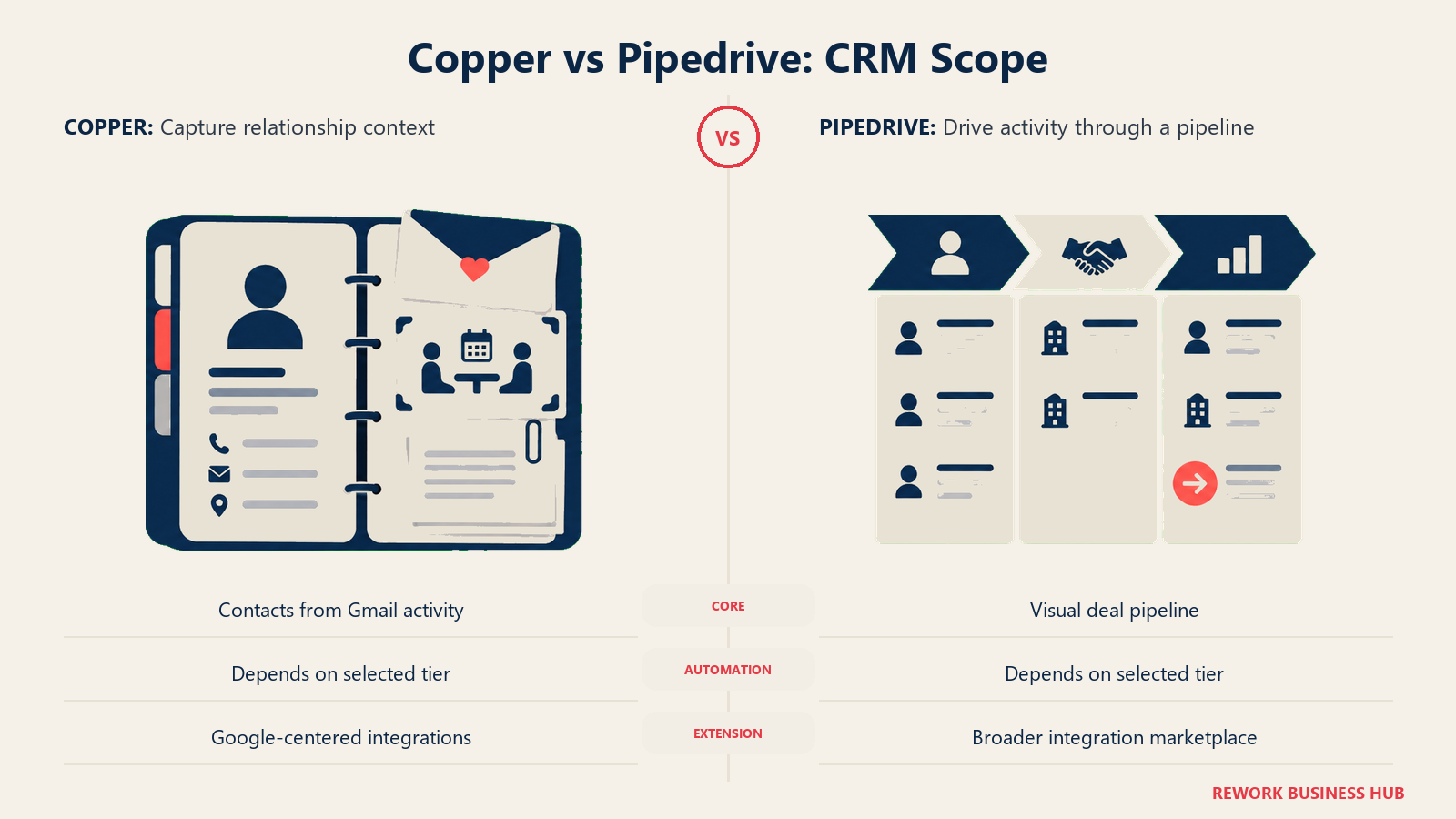 Copper vs Pipedrive: CRM Scope: Copper favors automated relationship capture. Pipedrive favors an activity-based pipeline with broader integrations.
