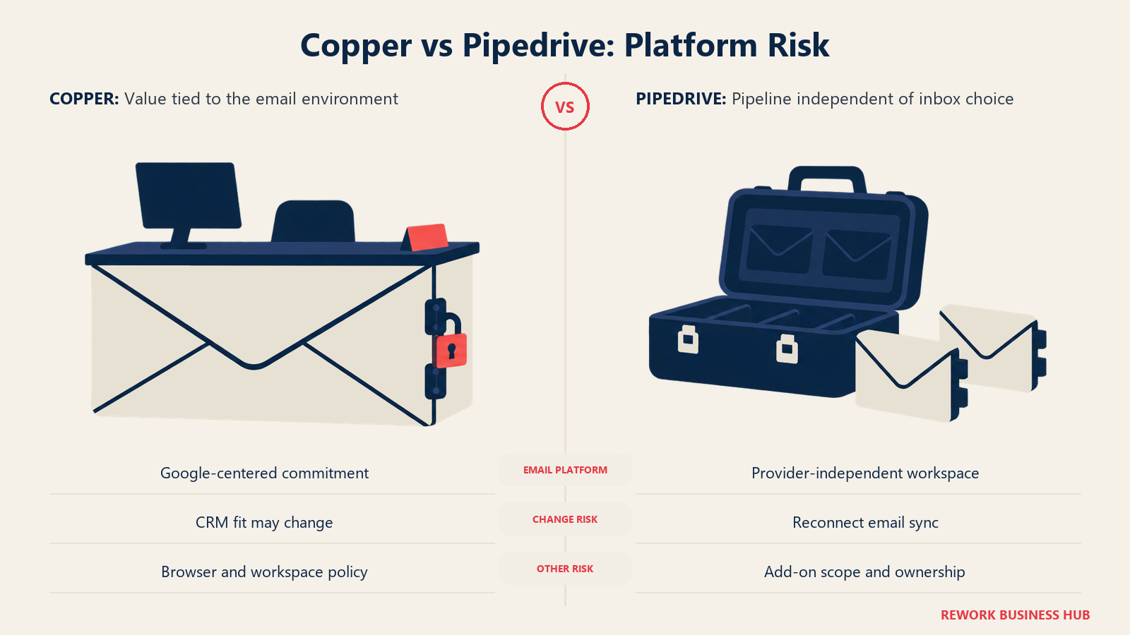 Copper vs Pipedrive: Platform Risk: A change in email platform weakens Copper's central advantage. Pipedrive keeps the pipeline separate from the inbox.