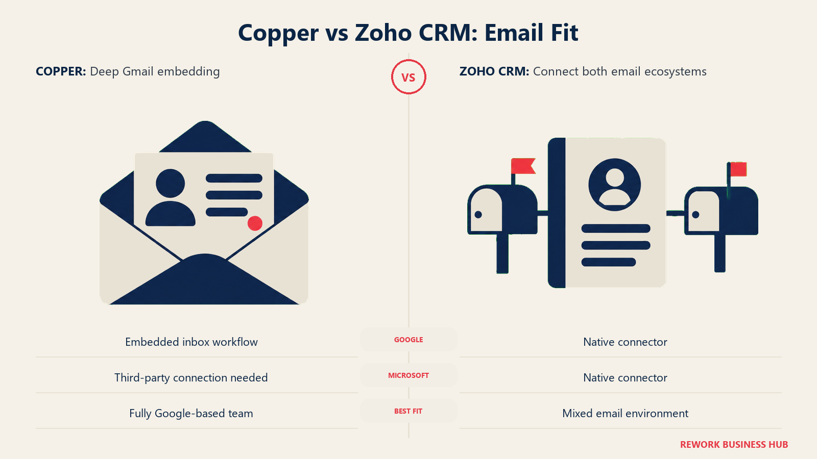Copper vs Zoho CRM: Email Fit: Copper embeds deeply in Gmail. Zoho CRM connects to both Google Workspace and Microsoft 365.