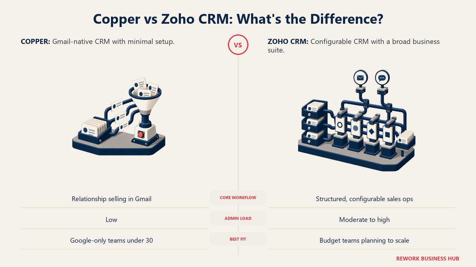 Copper versus Zoho CRM shown as a Gmail-native relationship workbench and a configurable multi-module CRM workbench