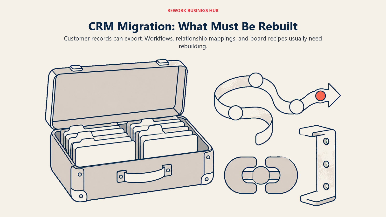 Portable CRM contact folders beside workflow and relationship structures that need rebuilding after migration