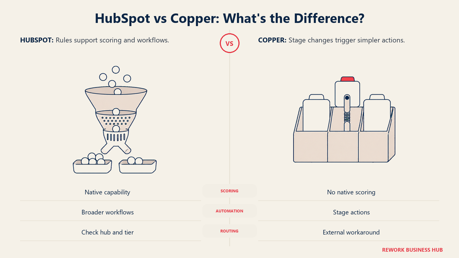 HubSpot lead scoring funnel compared with a Copper pipeline-stage trigger