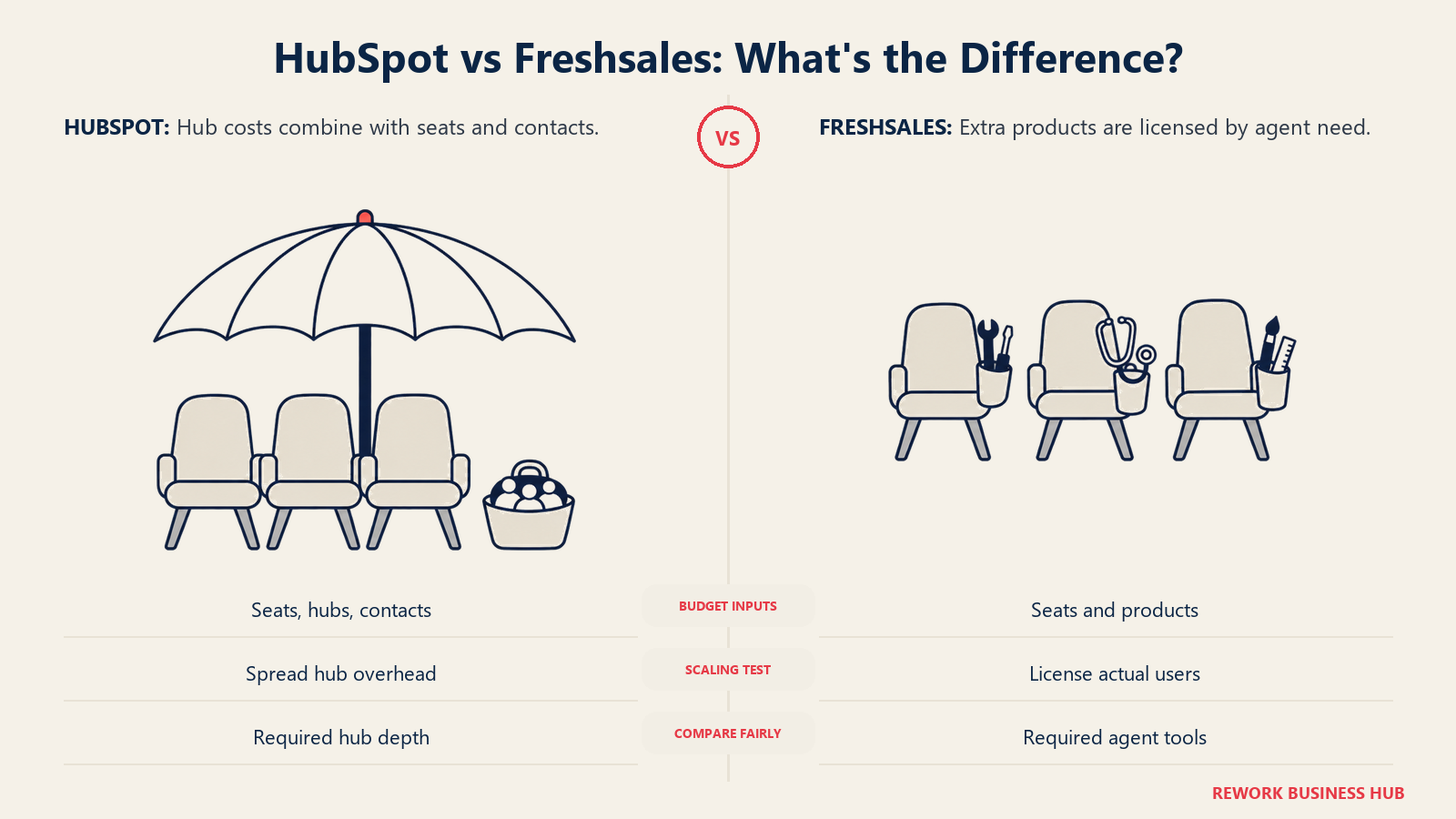 Shared HubSpot hub overhead represented by an umbrella compared with Freshworks tools licensed to individual agents