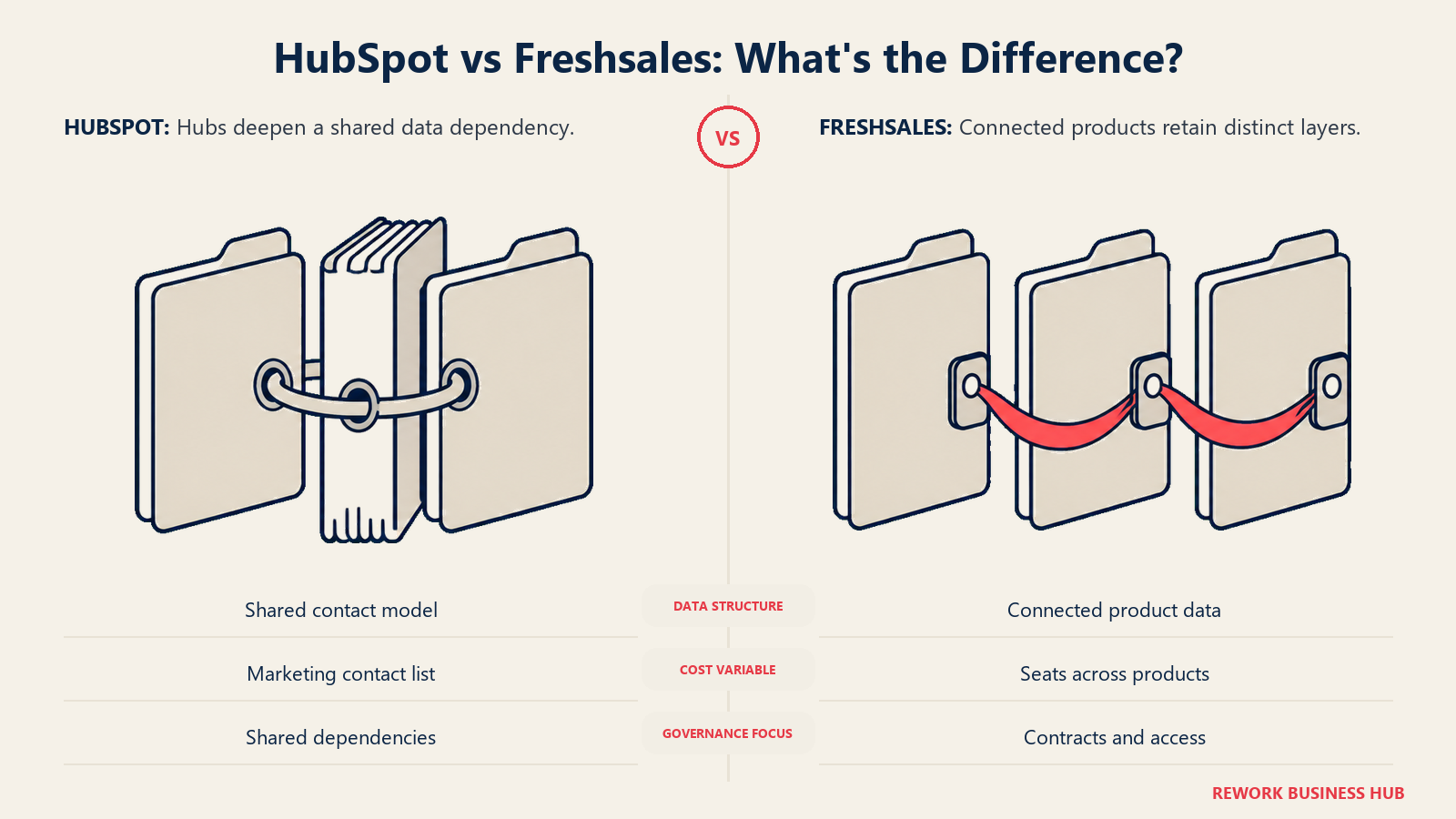 One binding ring for HubSpot data compared with separately clasped Freshworks product records