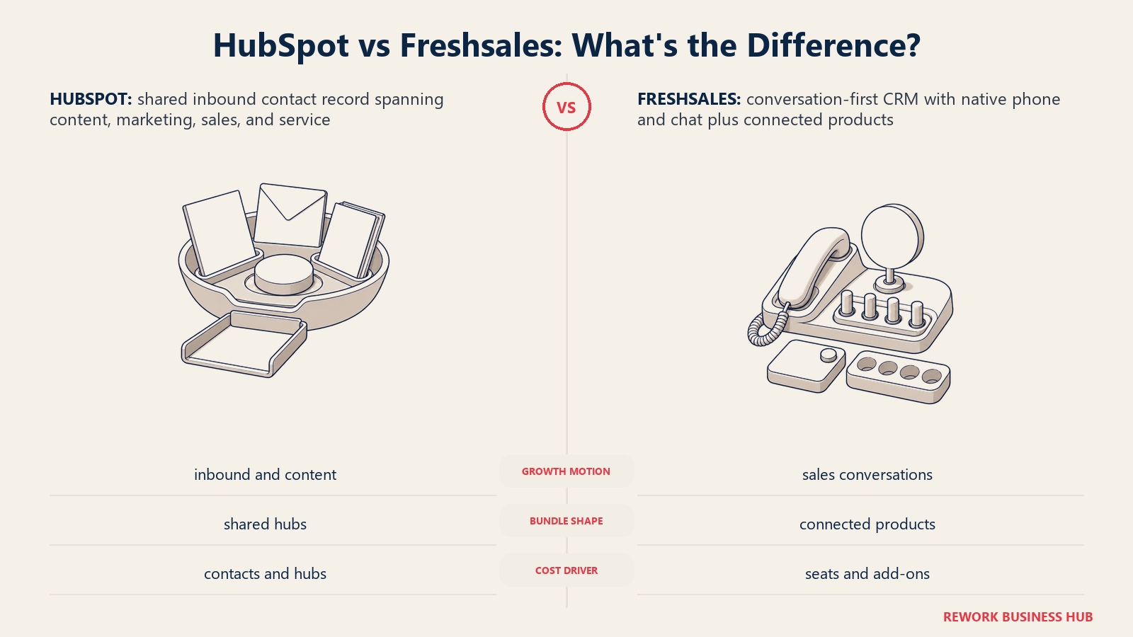 HubSpot vs Freshsales shown as an inbound content collector beside a conversation-first sales switchboard