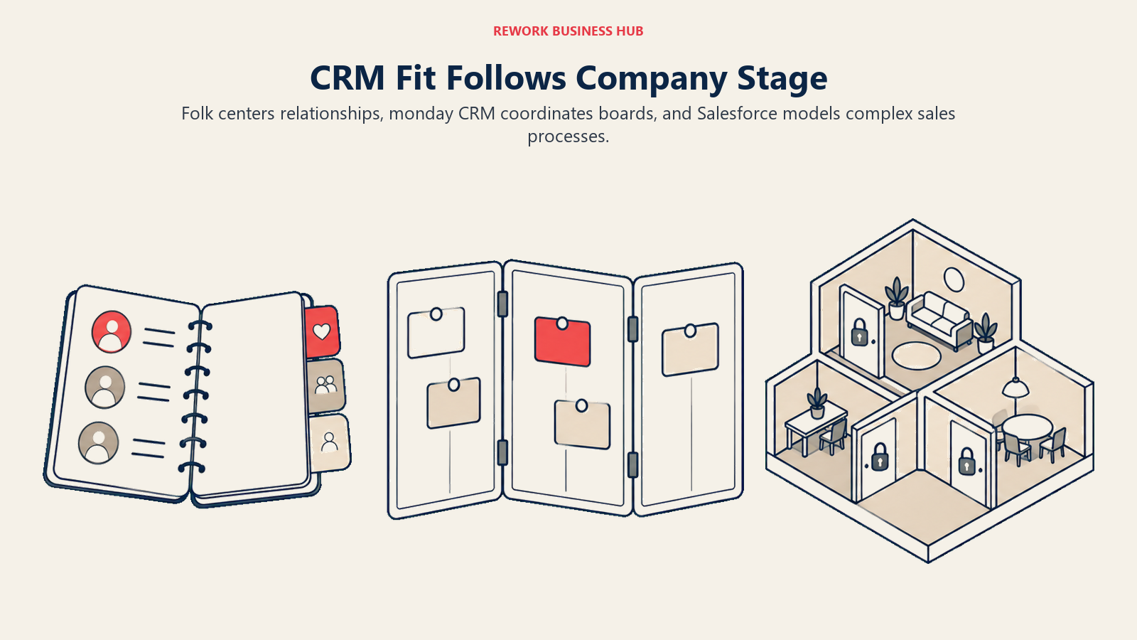 Folk relationship book, monday sales board, and Salesforce governance model illustrate CRM fit by company stage