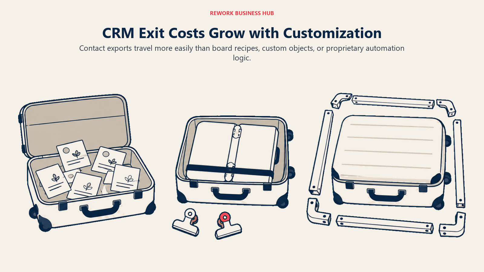 Three CRM migration cases show increasing effort to rebuild board recipes and custom structures