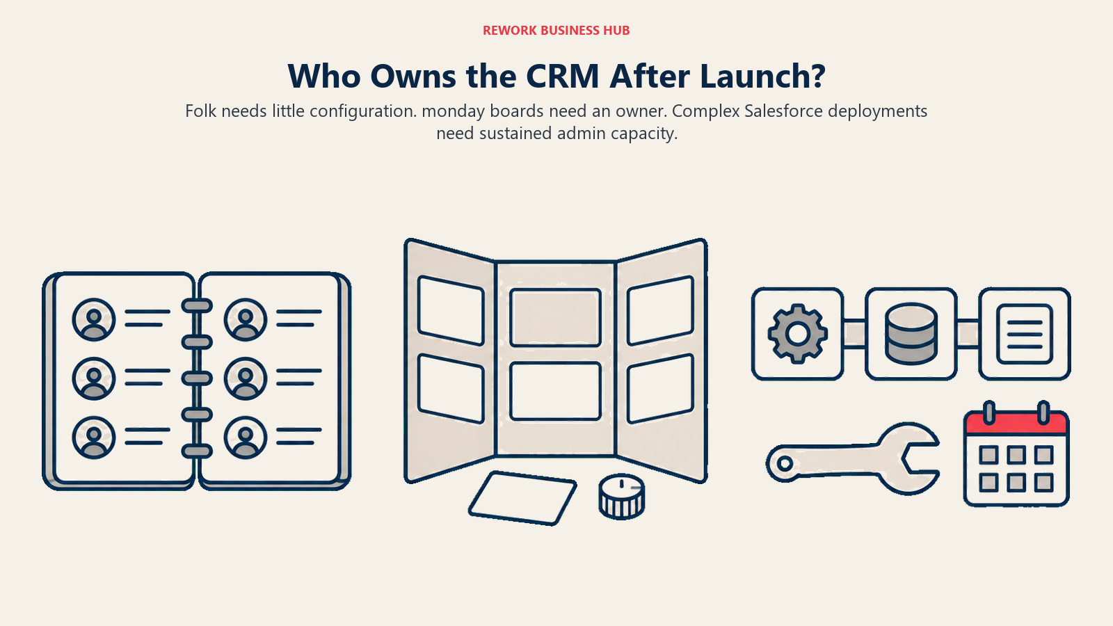 Relationship book, adjustable sales board, and maintained process model show different CRM ownership needs