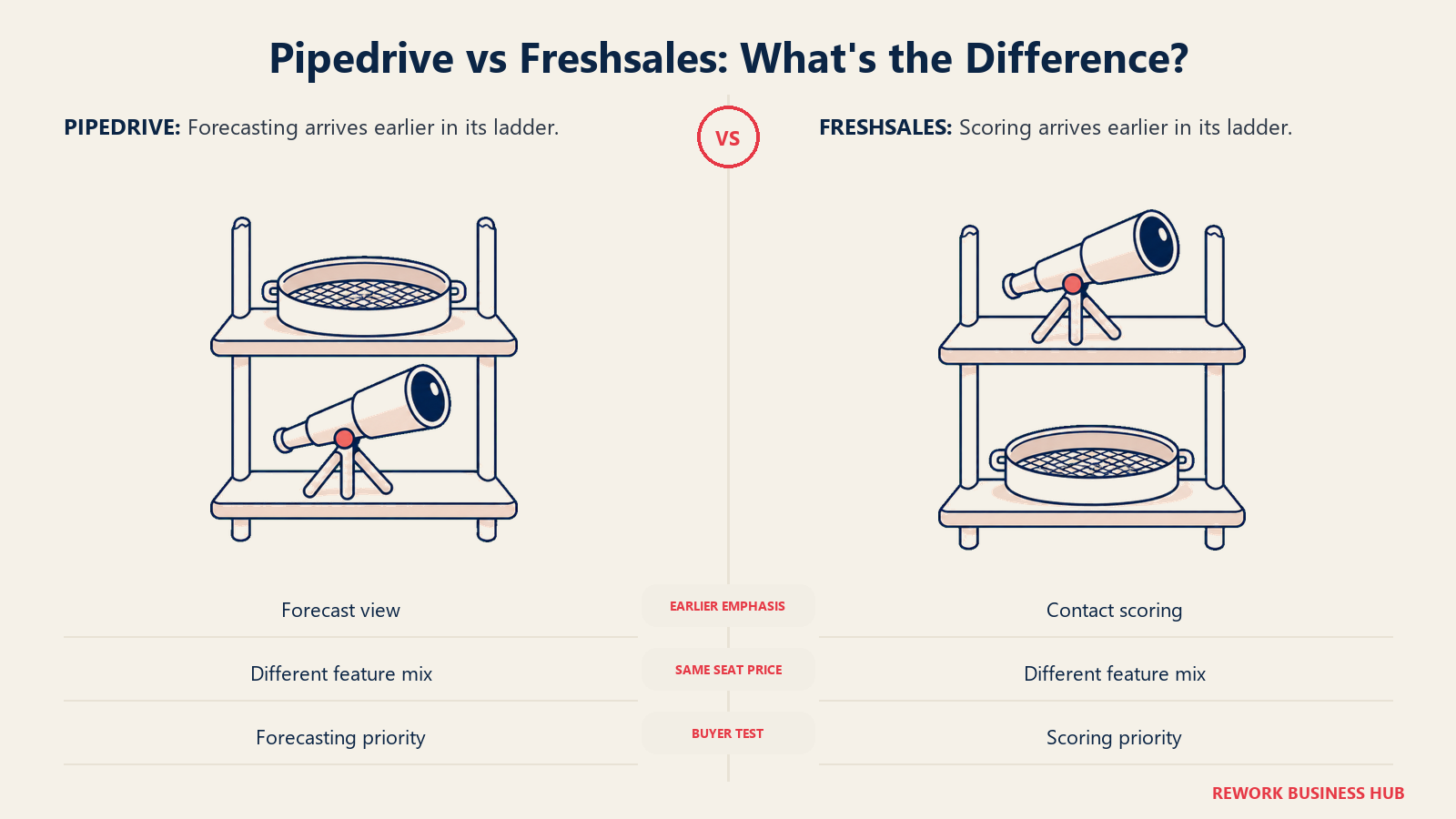 Pipedrive forecasting and Freshsales scoring shown on lower shelves to explain different feature timing