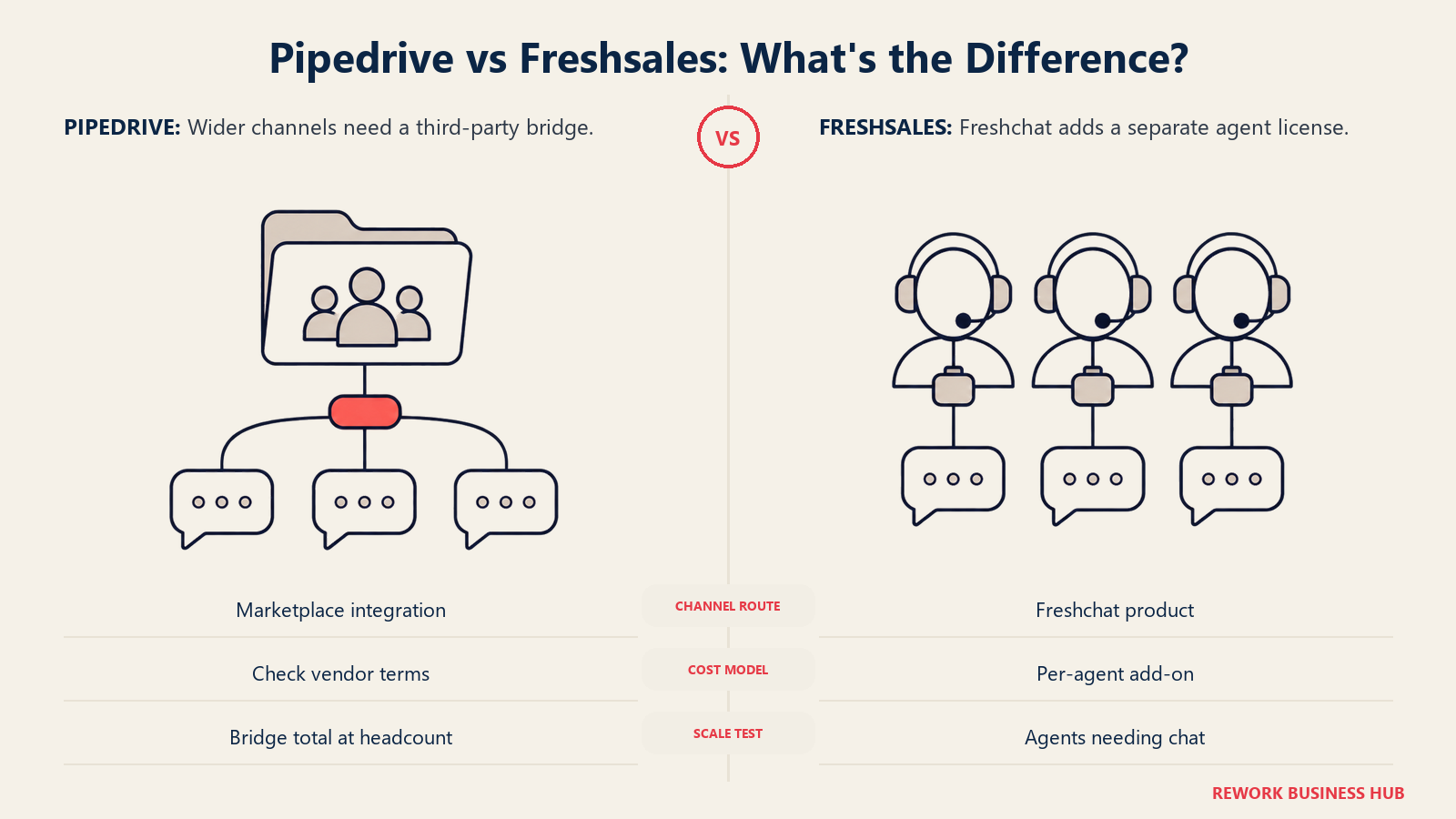 Pipedrive shared external messaging bridge compared with Freshchat per-agent conversation modules